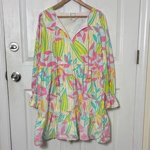 STS Sail to Sable pastel palms long sleeve dress 100% Cotton resort size Large